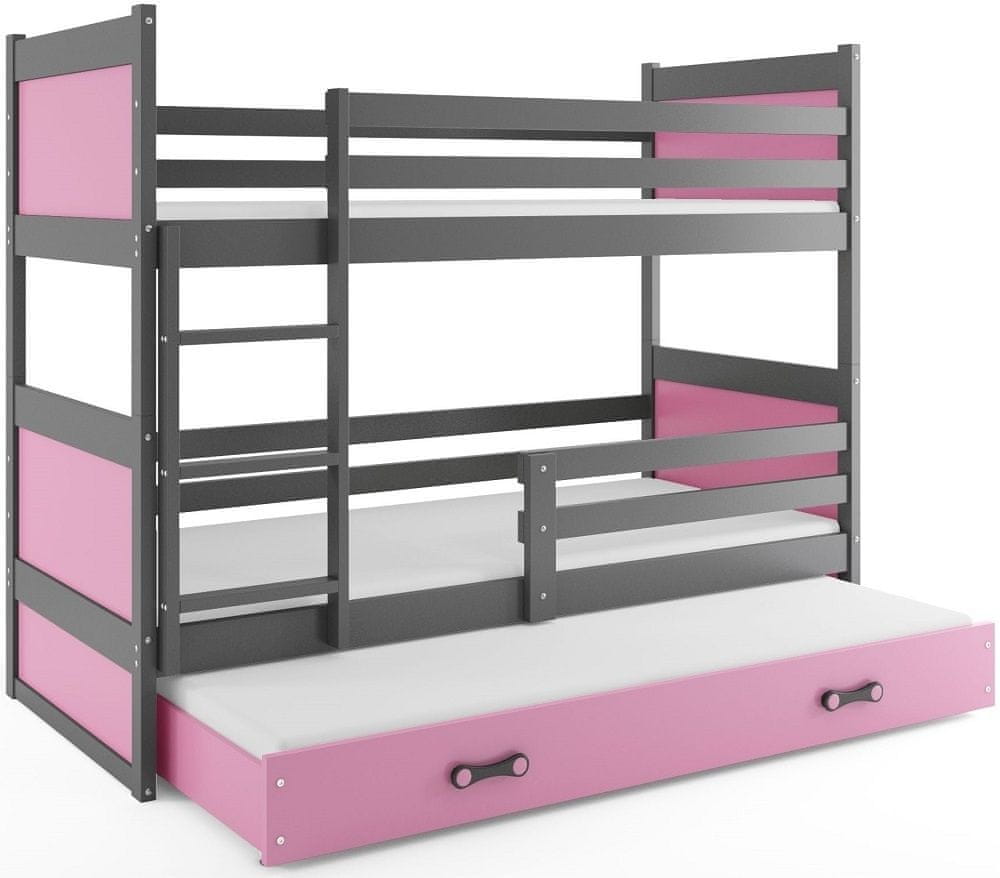 eoshop Poschodová posteľ s prístelkou RICO 3 80x190 cm, grafitová/ružová (Voľba matraca: Penový matrac)
